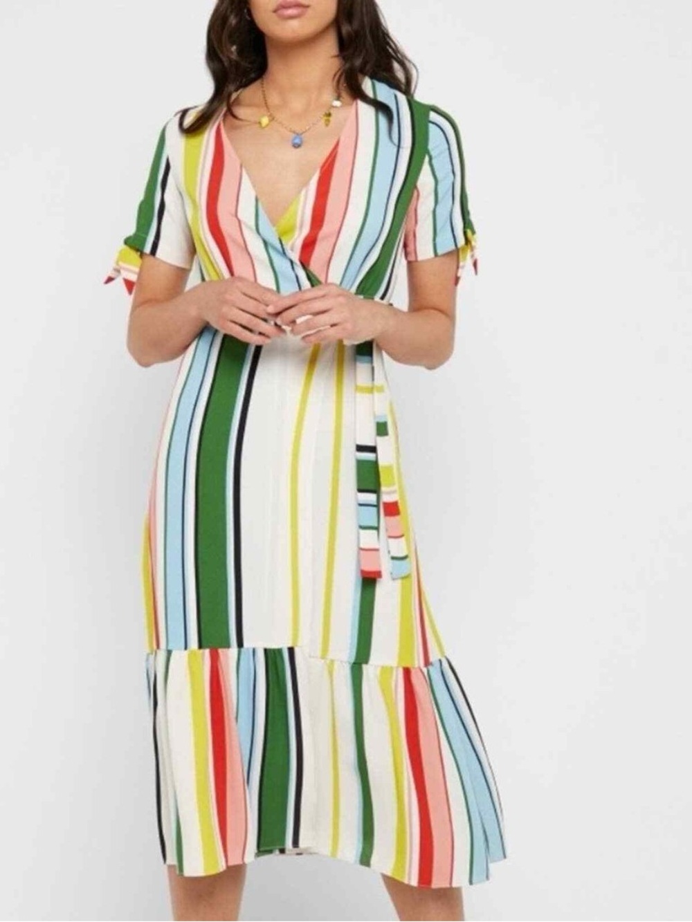 Multi-Stripe Wrap Midi Dress with Tie Waist